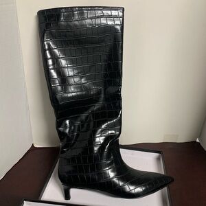 COMJUY  -Kitten Heel Knee High Boots for Women, 1.5-in Stiletto Low Heel